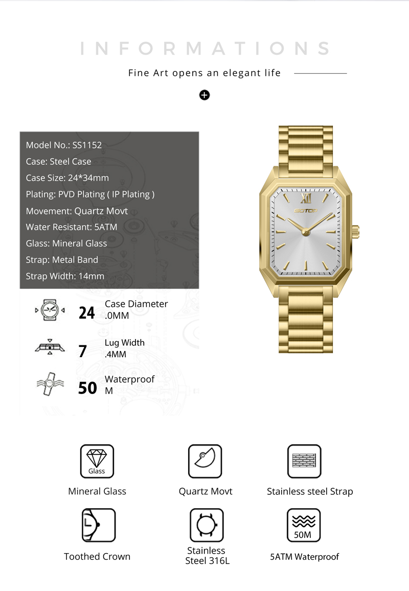 Detail of SS1152 Luxury Rectangular Women’s Watch with Czech Gem Dial Steel Leather Strap