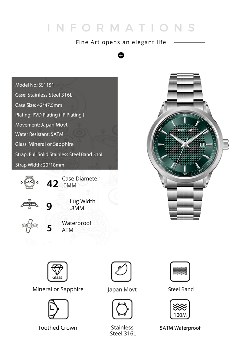 Detail of SS1151 Minimalist Men’s Quartz Watch Elegant 42mm Design Clean Dial Style