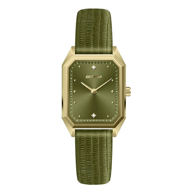 Luxury Rectangular Women’s Watch with Czech Gem Dial Steel Leather Strap
